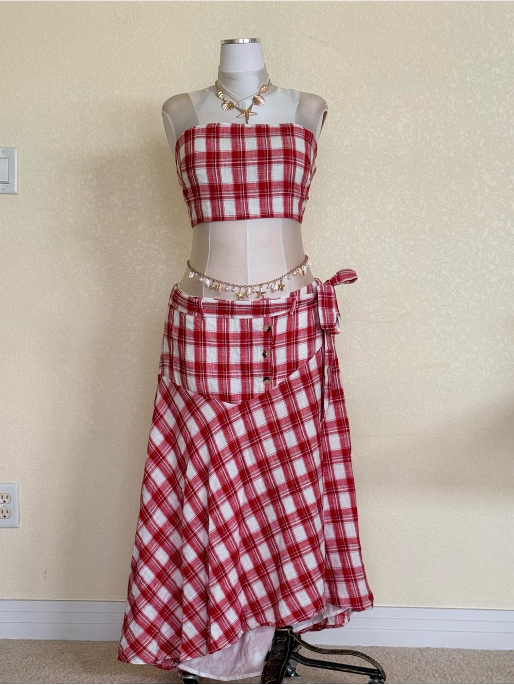 NWT Free People Red and White Plaid Two-Piece Maxi Skirt Set